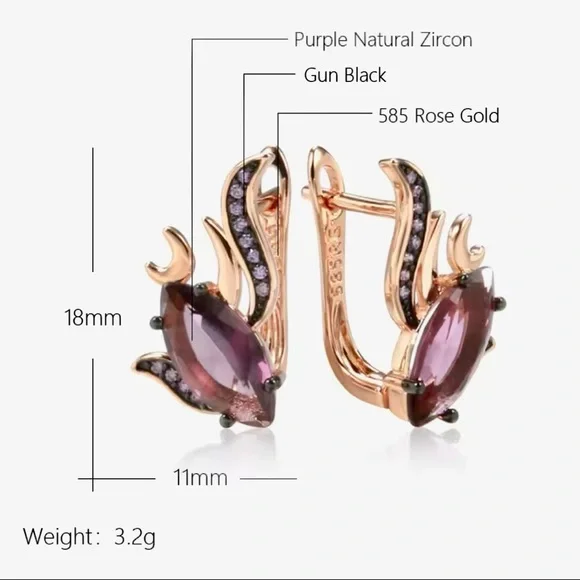 Unique Rose Gold 585RG Purple Natural Gem Zircon Fish Design Earrings - Picture 4 of 9